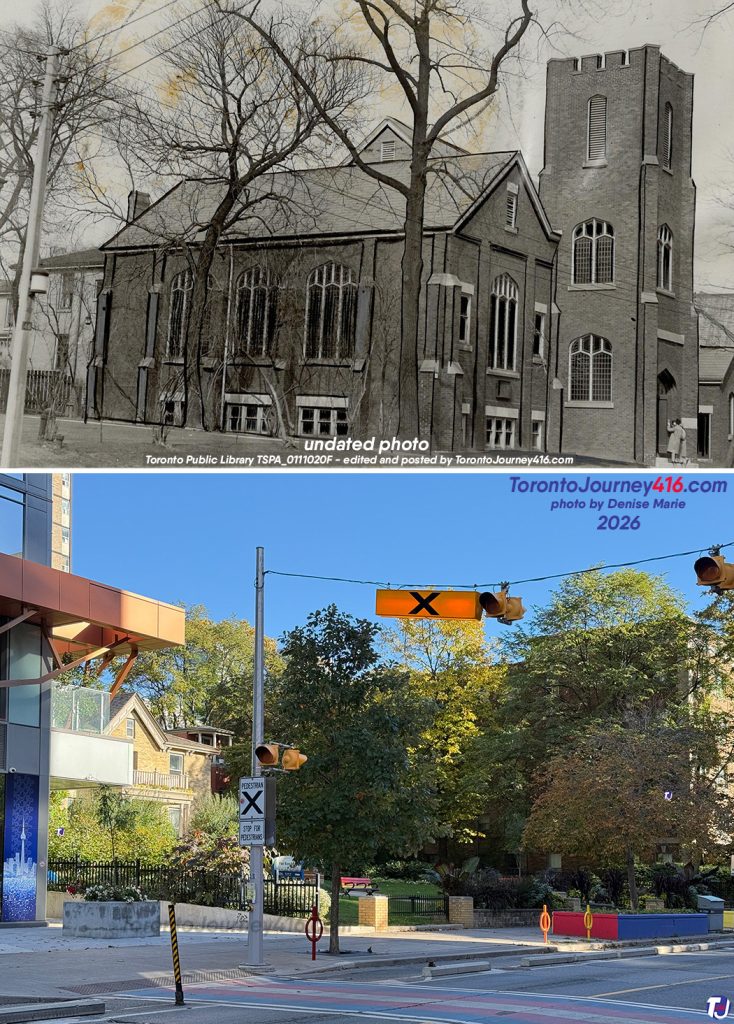 Undated photo/October 17, 2026 – Looking northeast towards 56 Wellesley St E just east of Yonge St in the Church-Wellesley neighbourhood of Toronto. The archive photo shows the Evangelical Church of the Deaf, and the small portion of the building just behind it on the left is the historic Paul Kane House, which served as the church hall. The church was built at a cost of $72,000 and held its first service in 1926. In the early 1970s, the property was sold for $390,000, and the church held its last service in 1973 before the building was demolished. An interesting bit of history about the Paul Kane House. According to an article in the April 5, 1974, edition of The Toronto Star, "For almost 100 years, everyone except the minister believed that the house had disappeared." This changed in 1973 when a student working for the Toronto Historical Board walked up a laneway beside the former church building. The student discovered the house and later proved that it had originally been the home of Mr. Kane. Paul Kane (1810-1871) was an Irish-born Canadian painter known for his artwork depicting landscapes of the West and Indigenous peoples. In the mid-1850s, Kane purchased the property on Wellesley St E and built a stucco cottage, which was later expanded in that decade. After Paul Kane died in 1871, his family continued to live there. In 1873, the house was clad with buff brick, and a porch was added. The Kane family owned the house until 1903. In 1978, the city acquired the property for a reported $500,000, including $170,000 in support from the province's Wintario funding. The following year, the house was designated under the Ontario Heritage Act, and a city parkette was created. The Church Isabella Residents Co-operative later leased the land and abandoned house, and in 1985, with plans by architect Paul Reuber, renovated the Paul Kane House, divided it into two apartments, and incorporated it into a residential development that opened in 1986. This house was preserved thanks to the efforts of local residents and heritage organizations